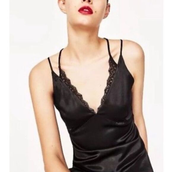 Zara Strappy Asymmetric Lace Trim Slip Dress - Picture 2 of 10